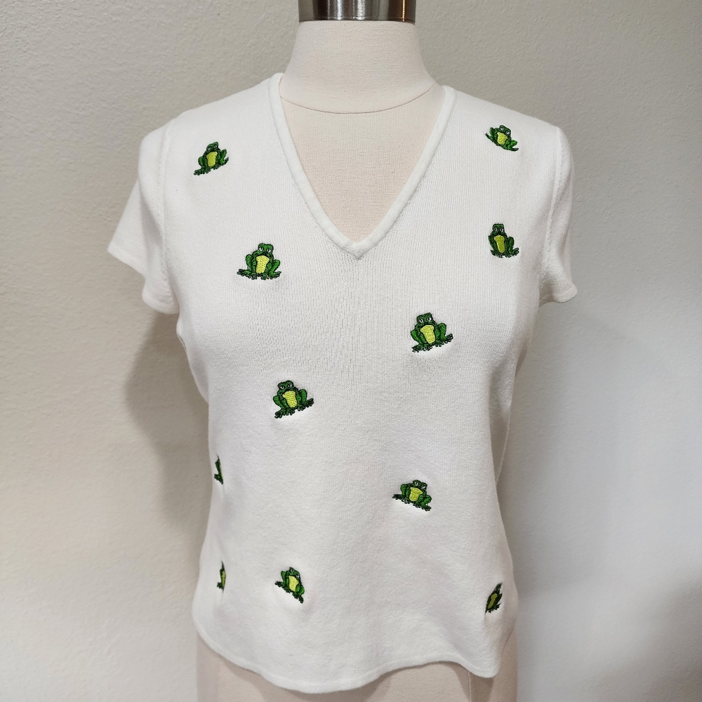 Vintage Alexandra Bartlett Short Sleeve Sweater Embroidered Frogs Cotton size L